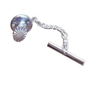 Vintage Oval Silver-Tone Tie Tack Chain Bar & Clutch Starburst like cuts edges